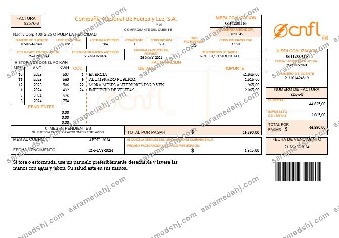 Costa  Rica Compania Nacional de Fuerza y Luz, S A CNFL business utility bill in word and pdf formats